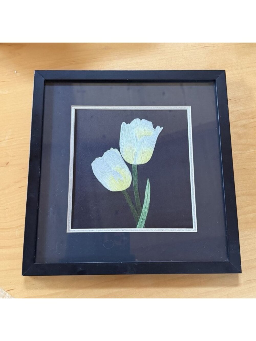 Embroidered Tulip Art Frame Decor Floral Yellow Gift Cottage Farmhouse Winter